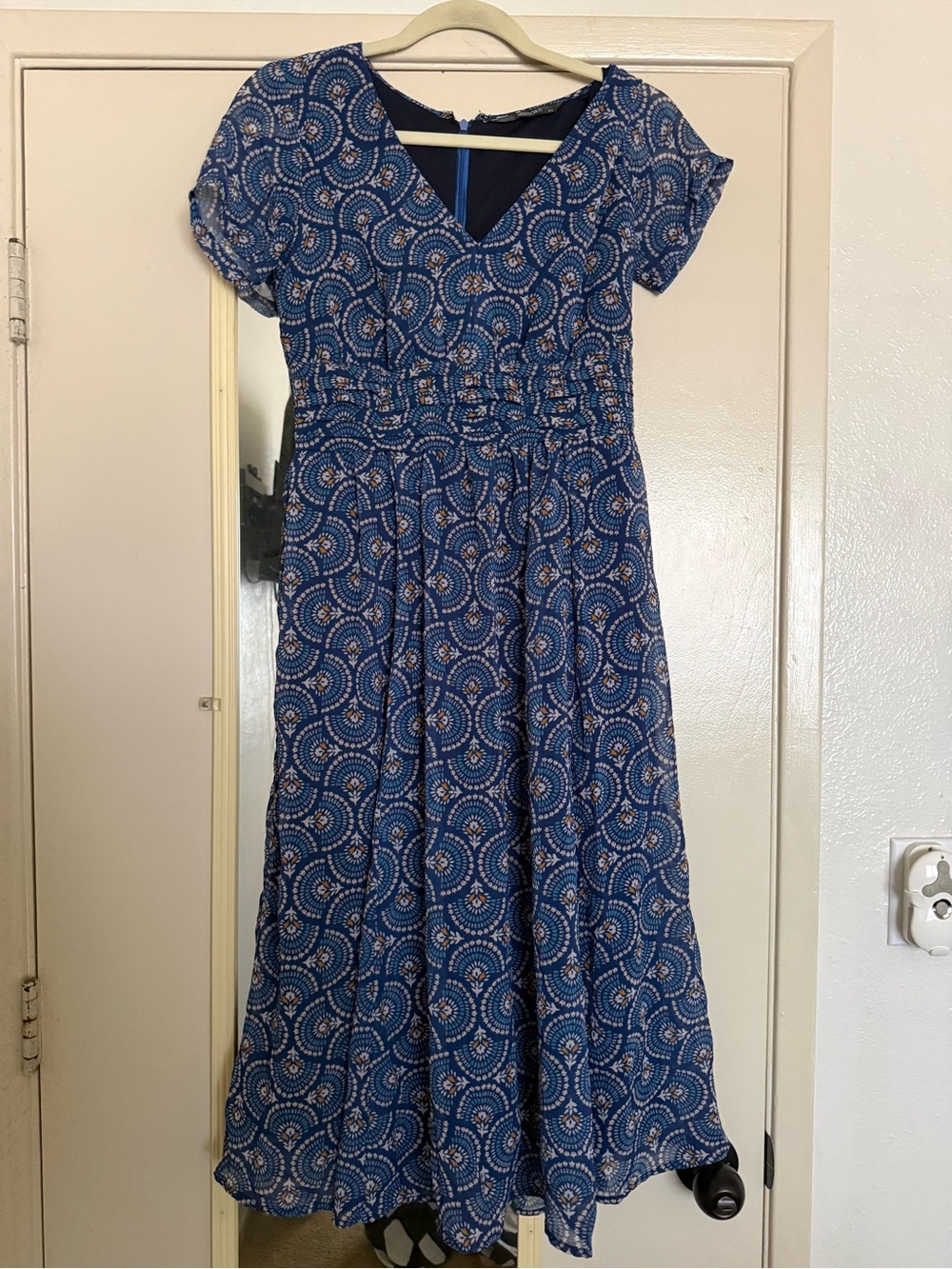 eshakti Navy Blue Printed V-Neck Dress with Floral Accents